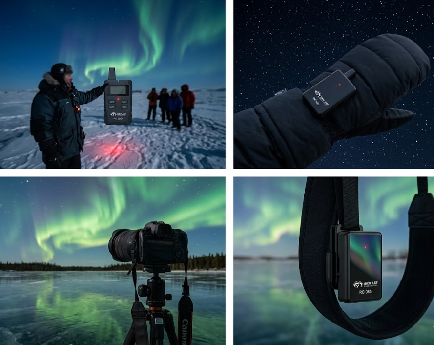 Guests wearing winter gear receive private audio commentary through dark-mode wireless receivers while photographing the aurora across a frozen Arctic landscape. The Aurora Whisperer – Northern Lights Silent Tours (RC085 & RC2500)(图2)