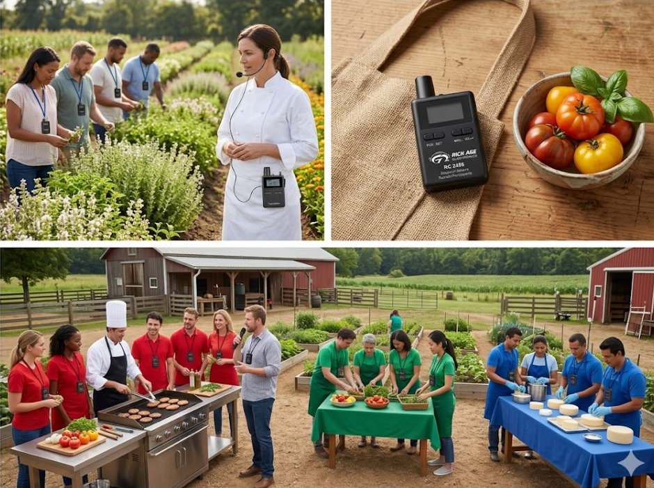 Guests move through a vegetable garden harvesting herbs and seasonal produce while listening to a chef through the RC2402 wireless transmitter system. Instructions remain clear even across wide outdoor areas with irrigation pumps and farm equipment operating nearby Farm‑to‑Table Charm – Edible Landscapes & Culinary Agrotourism (RC2406 & RC2402)(图2)