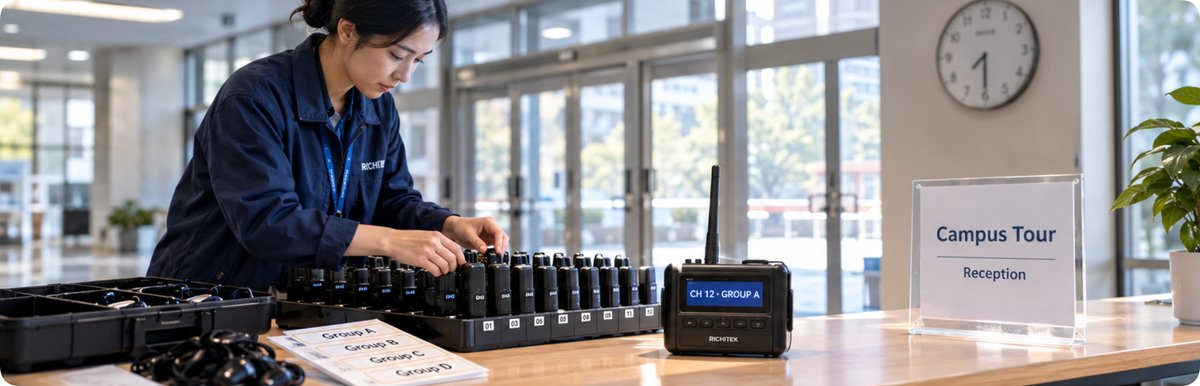 Staff assigning channels to a row of wireless tour guide receivers at a campus reception desk Staff assigning channels to a row of wireless tour guide receivers at a campus reception desk