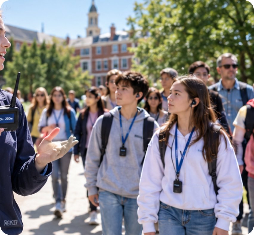 A guide leading a student group across a campus lawn with wireless receivers A guide leading a student group across a campus lawn with wireless receivers