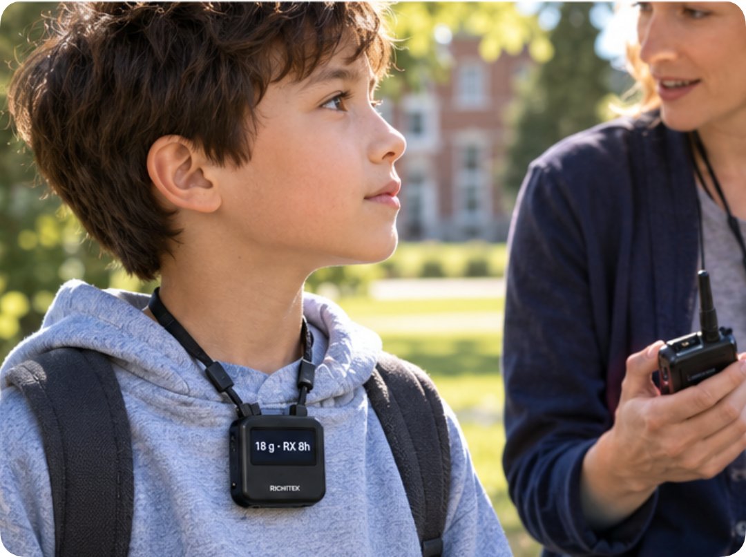 A child wearing an ultra-light wireless receiver on a campus walk A child wearing an ultra-light wireless receiver on a campus walk