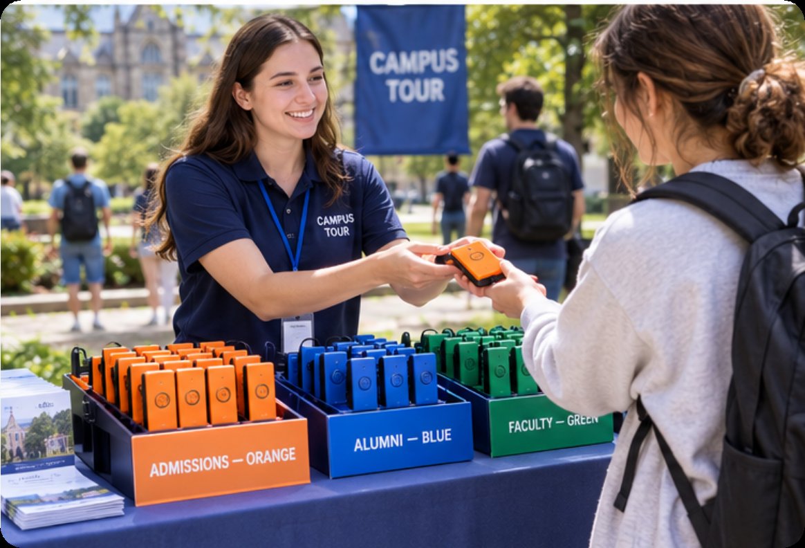 Color-coded RC2408 receivers handed out at an open day admissions desk Color-coded RC2408 receivers handed out at an open day admissions desk