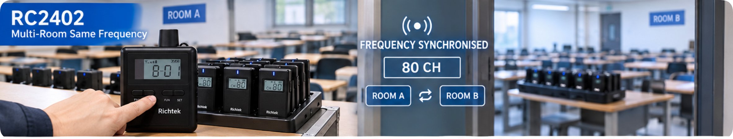 RC2402 one-click frequency synchronisation reading FREQUENCY SYNCHRONISED and 80 CH across ROOM A and ROOM B RC2402 one-click frequency synchronisation across two adjacent test centre rooms, screen reading FREQUENCY SYNCHRONISED with 80 CH between ROOM A and ROOM B