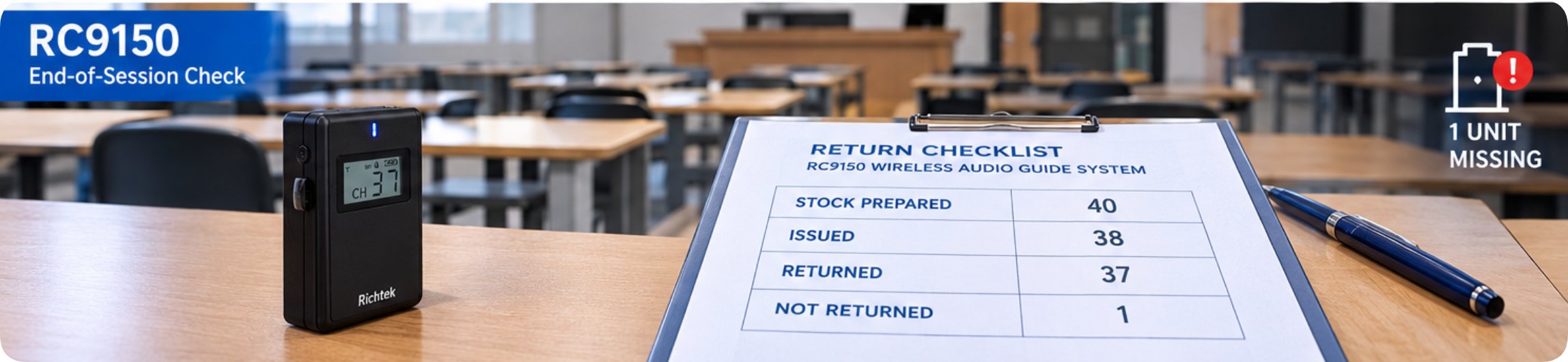 RC9150 end-of-session return checklist reading 40 prepared, 38 issued, 37 returned and 1 not returned RC9150 end-of-session return checklist on a clipboard reading STOCK PREPARED 40, ISSUED 38, RETURNED 37 and NOT RETURNED 1, with one receiver set aside and marked 1 UNIT MISSING