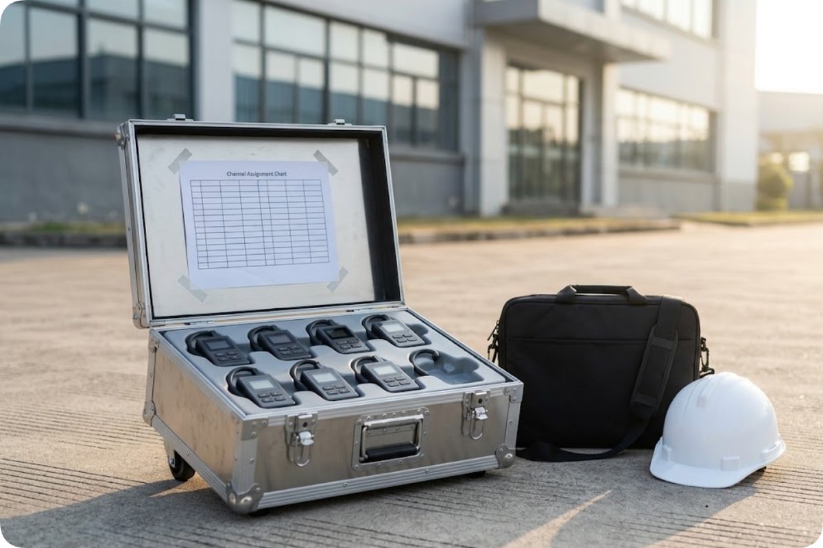 An open wheeled equipment case holding a row of UHF receivers with a handwritten channel plan taped to the lid