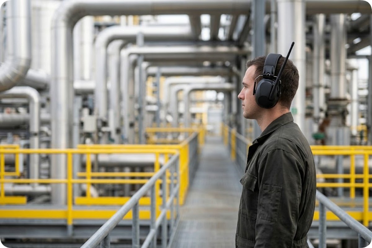 A visitor in a refinery gallery wearing an over-ear noise-cancelling headset during an industrial walkthrough