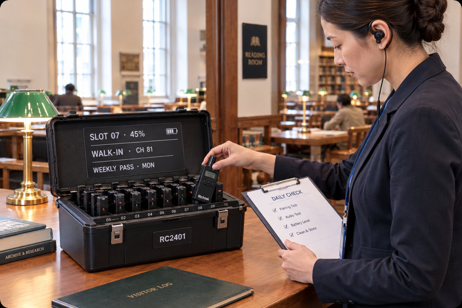 Archivist placing an RC2401 receiver into slot 07 of a multi-slot DC charging case during the morning check