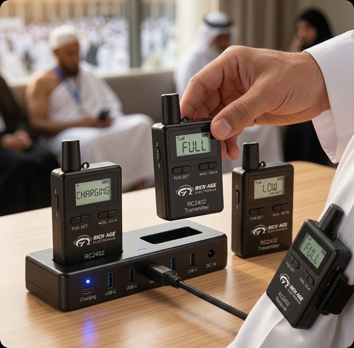 RC2402 transmitters on a charging station showing charging, full and low battery states RC2402 transmitters on a charging station showing charging, full and low battery states
