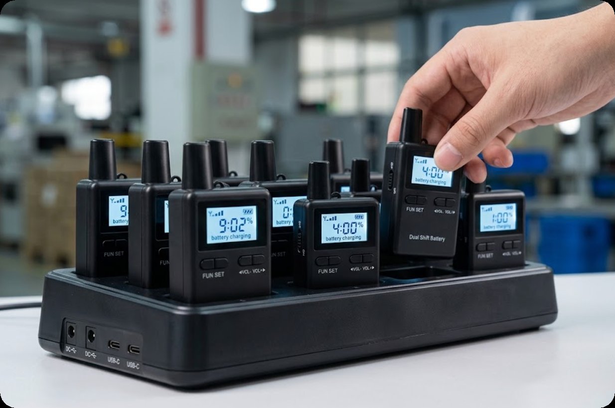 Bank of tour guide receivers charging on a multi-bay station in a logistics facility Bank of tour guide receivers charging on a multi-bay station in a logistics facility