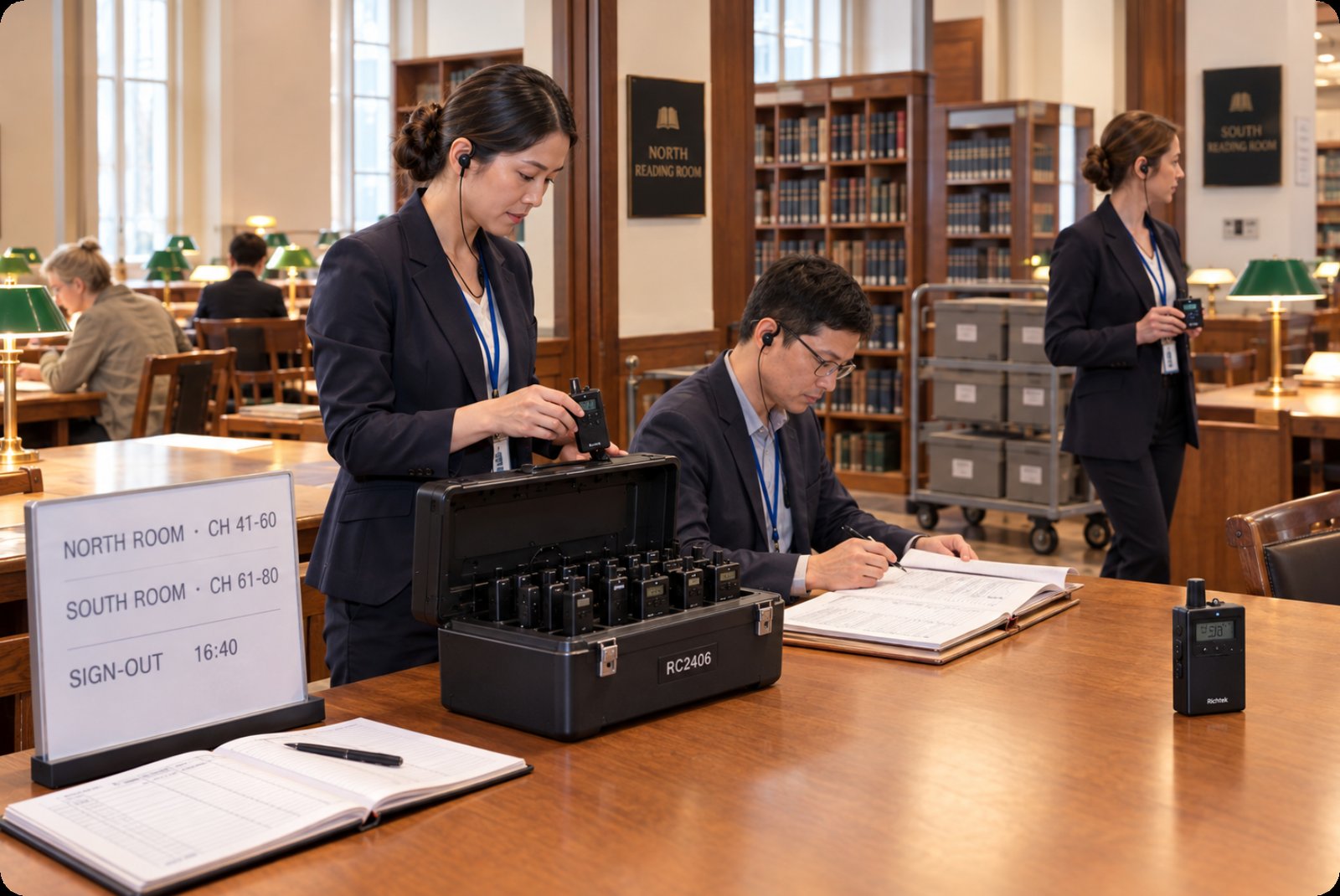 Archivist reconciling the sign-out book against an RC2406 charging case beside north and south room channel boards
