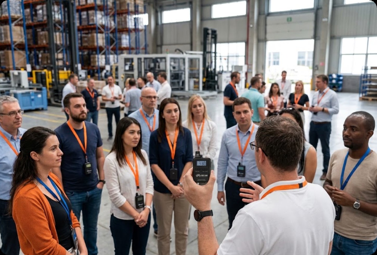 Guide addressing a warehouse visitor group wearing receivers during a port facility walkthrough Guide addressing a warehouse visitor group wearing receivers during a port facility walkthrough