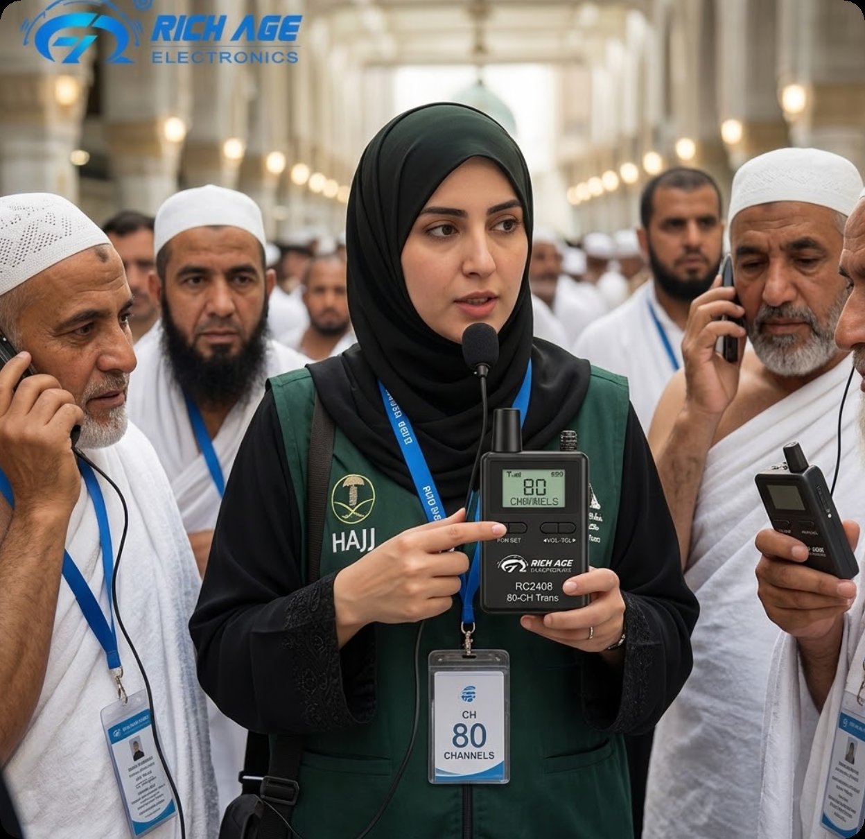 Hajj guide using the RC2408 transmitter with its 80-channel badge among a walking crowd Hajj guide using the RC2408 transmitter with its 80-channel badge among a walking crowd