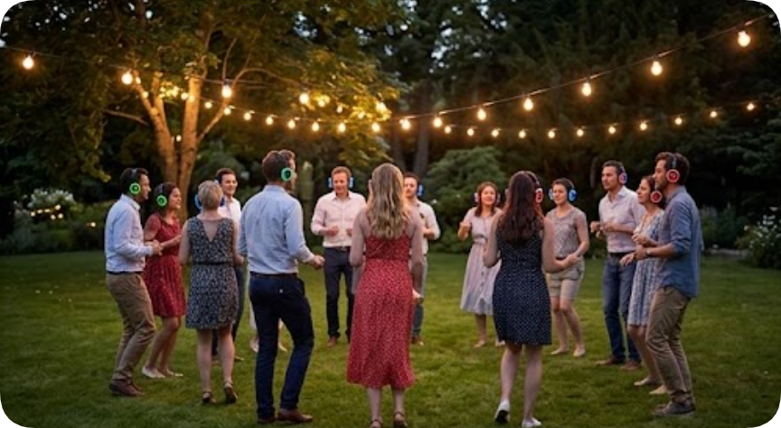 Silent-disco-headphones-at-evening-garden-event Silent-disco-headphones-at-evening-garden-event