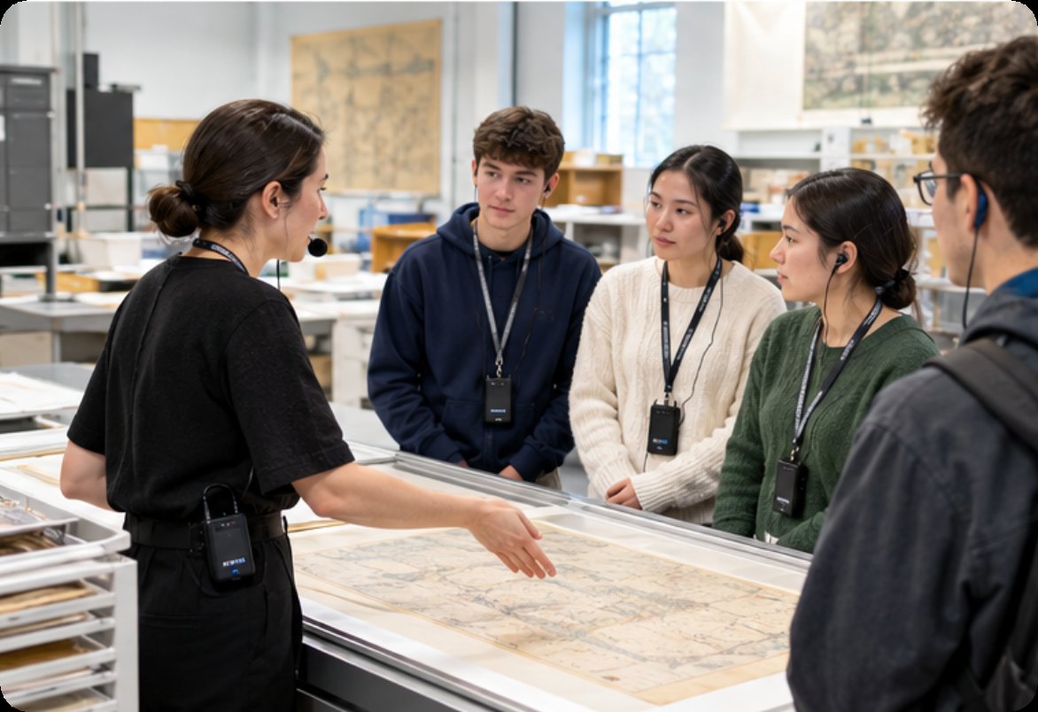 A school group wearing live audio receivers around the conservation bench in an archive A school group wearing live audio receivers around the conservation bench in an archive