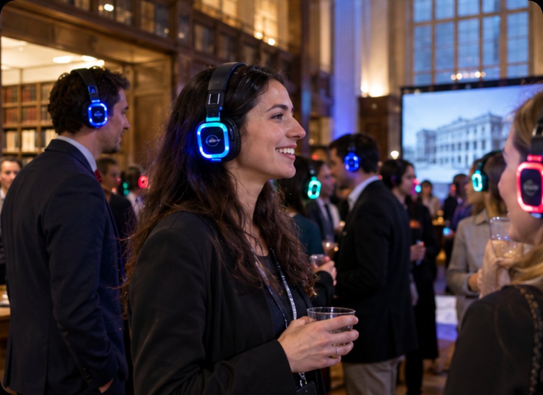 Guests wearing multi-channel LED headphones during a donor evening in an archive reading room Guests wearing multi-channel LED headphones during a donor evening in an archive reading room