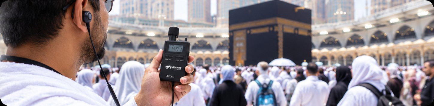 A receiver held up amid the dense crowd near the Grand Mosque during the channel occupancy trial A receiver held up amid the dense crowd near the Grand Mosque during the channel occupancy trial