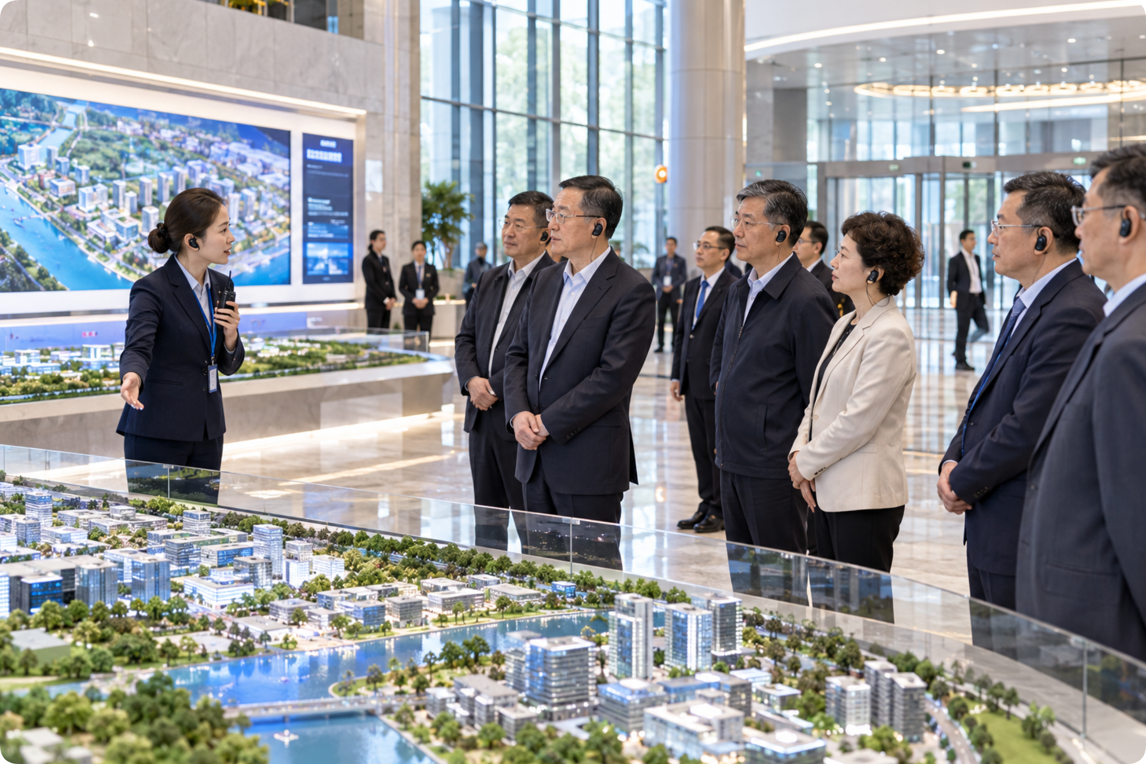 A provincial inspection delegation wearing wireless tour guide receivers gathers A provincial inspection delegation wearing wireless tour guide receivers gathers around a scale model in an industrial park exhibition hall