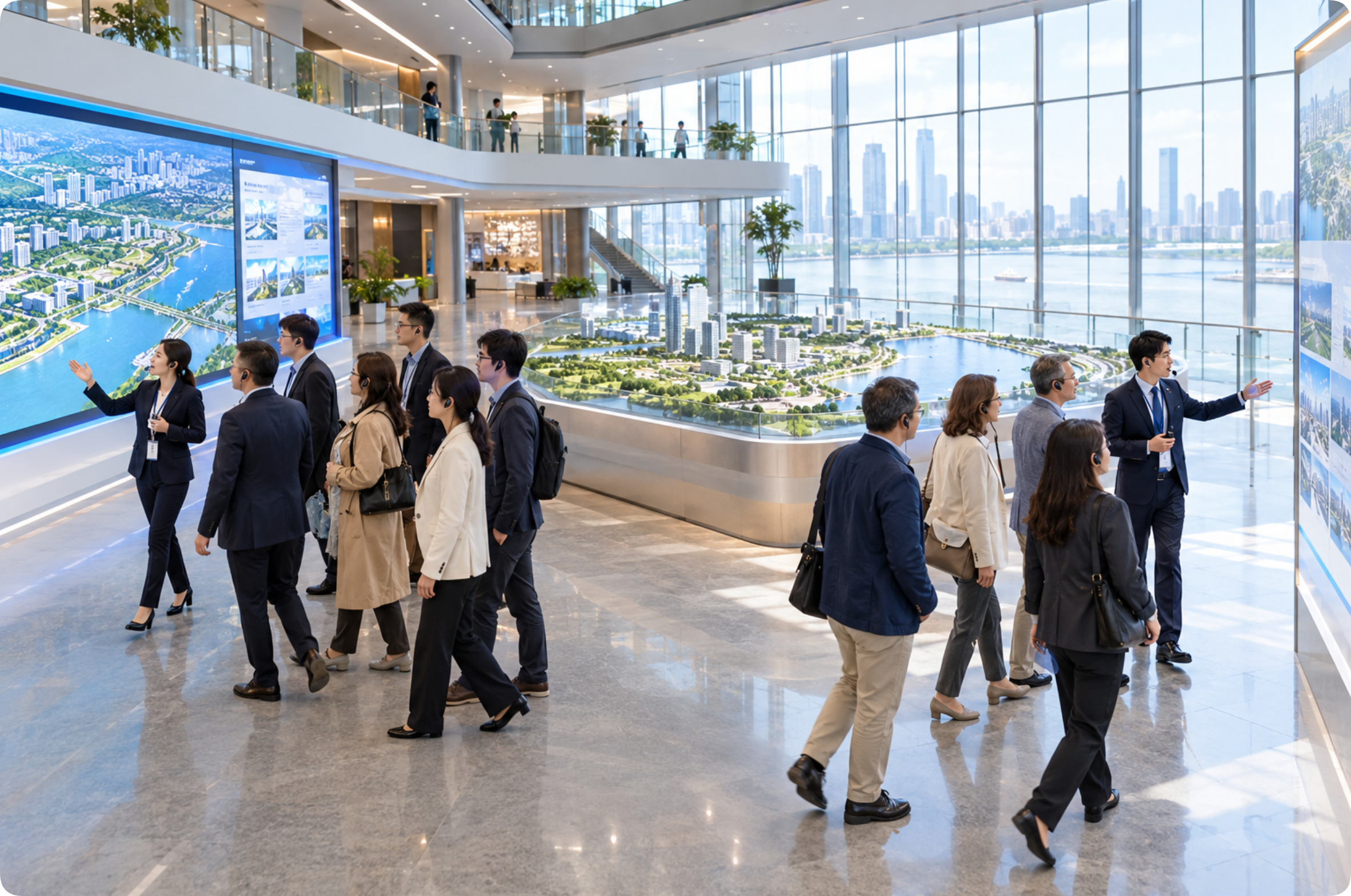 Two roaming groups of officials wearing tour guide receivers move along opposite Two roaming groups of officials wearing tour guide receivers move along opposite sides of a riverside planning centre mezzanine