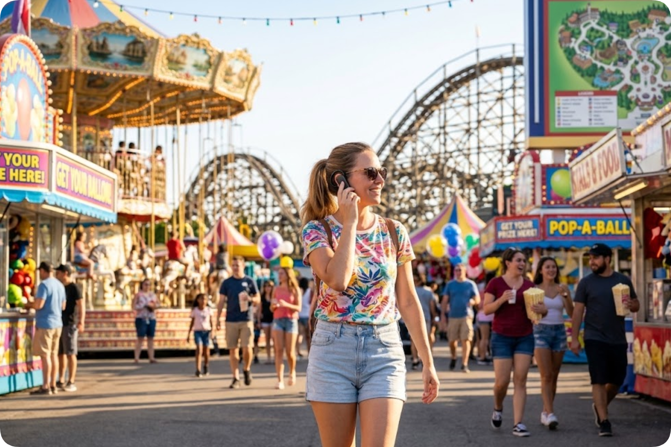 A visitor wearing the 18-gram RC2468 ear-hook receiver walks through a theme A visitor wearing the 18-gram RC2468 ear-hook receiver walks through a theme park midway with coaster tracks behind the stalls