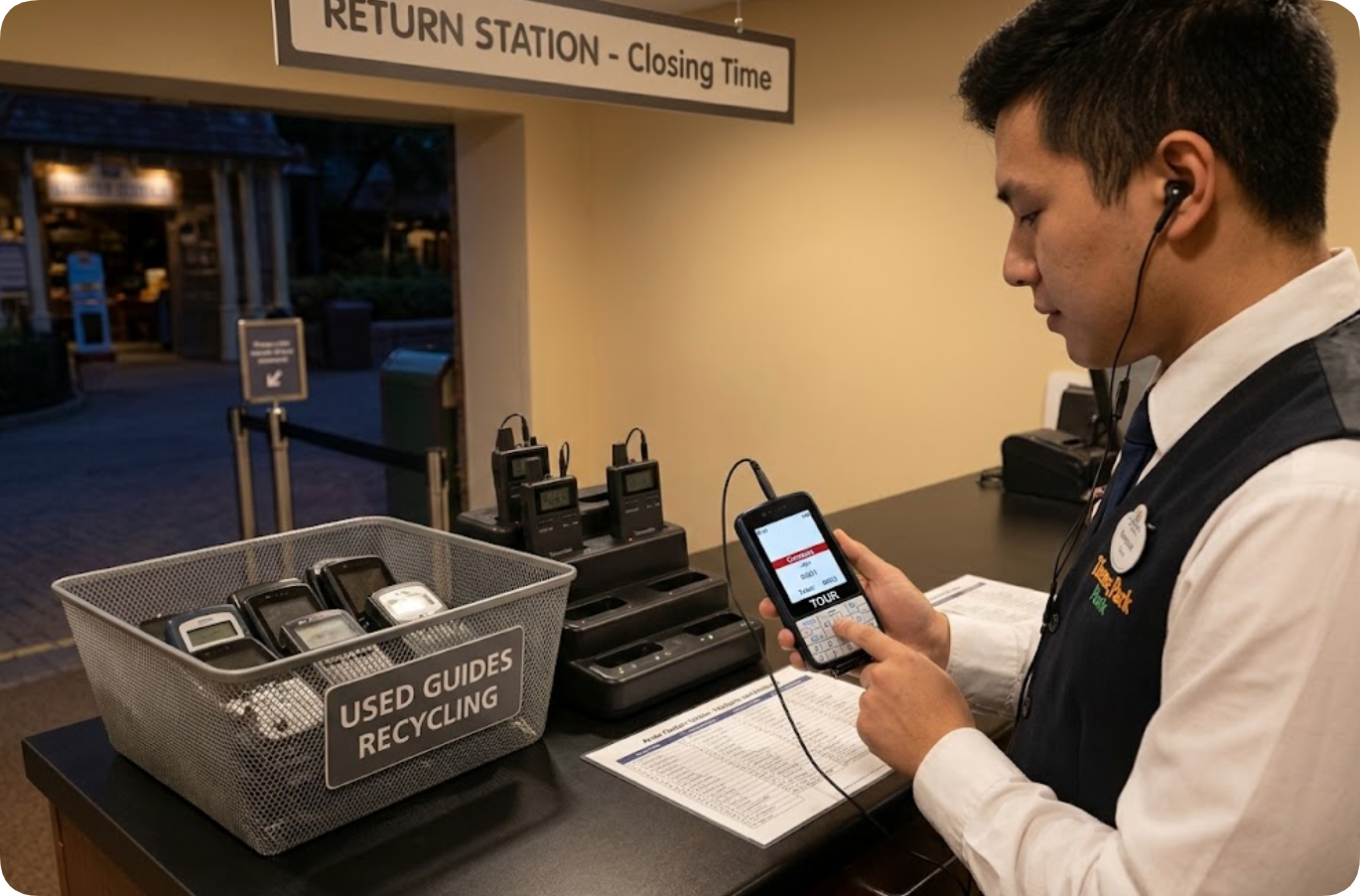 A staff member tests the numeric keypad of a 2.8-inch digital audio guide at A staff member tests the numeric keypad of a 2.8-inch digital audio guide at the closing-time return station beside a recycling bin of used units