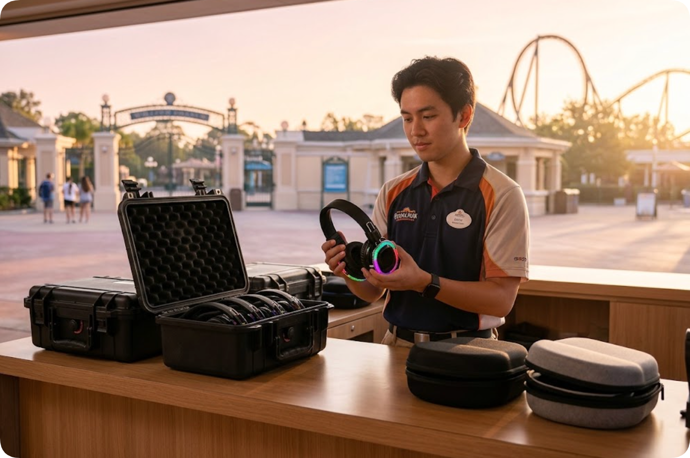 A park attendant checks the five-colour LED ring of a Silent Disco headphone A park attendant checks the five-colour LED ring of a Silent Disco headphone at the morning checkout counter beside open transport cases