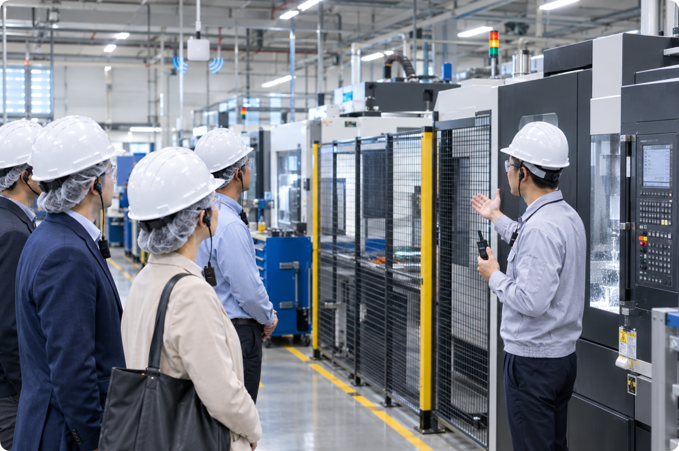 An official wearing a tour guide receiver listens during a briefing on a precisi An official wearing a tour guide receiver listens during a briefing on a precision manufacturing workshop floor beside running CNC machines