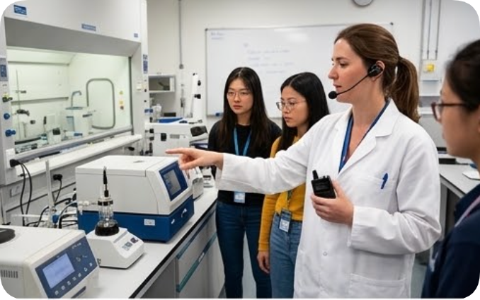 A PhD guide in a lab coat wears the RC2401 headset transmitter while walking freshmen past instrument benches and fume hoods in the teaching laboratory
