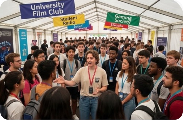 A society presenter with the RC2406 transmitter welcomes freshmen under the club banners inside the marquee, neighbouring tents running their own sessions at the same time