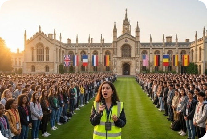 A student volunteer in a hi-vis vest speaks into the RC2500 transmitter during the opening speech on the university lawn, crowds of freshmen wearing receivers below the flag-lined main building