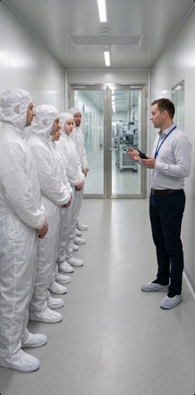 Visitors in white ESD smocks receive an entry briefing from a guide holding a wireless tour transmitter in the gowning corridor of a battery cell plant Visitors in white ESD smocks receive an entry briefing from a guide holding a wireless tour transmitter in the gowning corridor of a battery cell plant