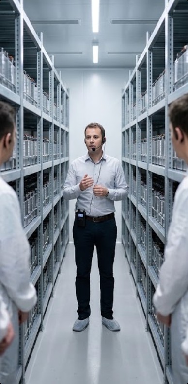 A lead guide with a headset transmitter addresses visitors wearing receivers between tall metal formation cassettes inside a battery plant A lead guide with a headset transmitter addresses visitors wearing receivers between tall metal formation cassettes inside a battery plant