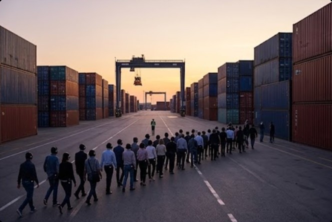 Visitors wearing silent disco headphones follow a guide across the open freight yard of a border crossing past container stacks and scanning gantries Visitors wearing silent disco headphones follow a guide across the open freight yard of a border crossing past container stacks and scanning gantries