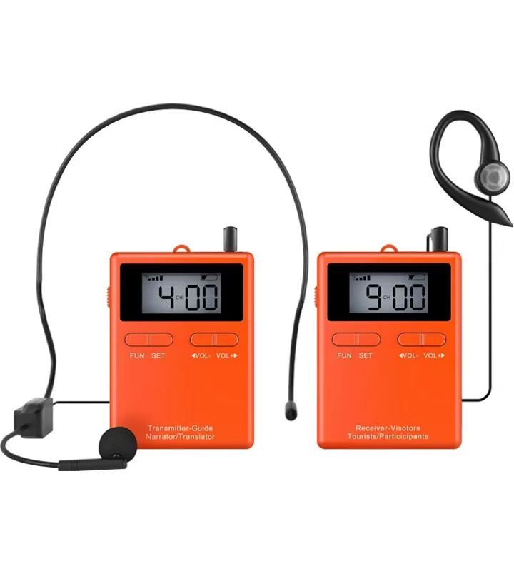 An orange transmitter showing CH 4 beside a receiver showing CH 9 An orange transmitter showing CH 4 beside a receiver showing CH 9