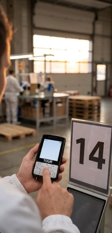 A visitor types a number code on a compact audio guide player beside a numbered sign at the packing and dispatch bay of a factory A visitor types a number code on a compact audio guide player beside a numbered sign at the packing and dispatch bay of a factory