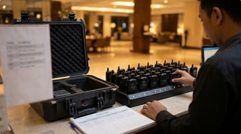 A crew member counting audio guide units back into a labelled case at a return desk A crew member counting audio guide units back into a labelled case at a return desk