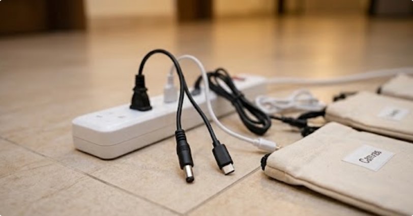 Three charging cable types plugged into one power strip on a hotel floor Three charging cable types plugged into one power strip on a hotel floor