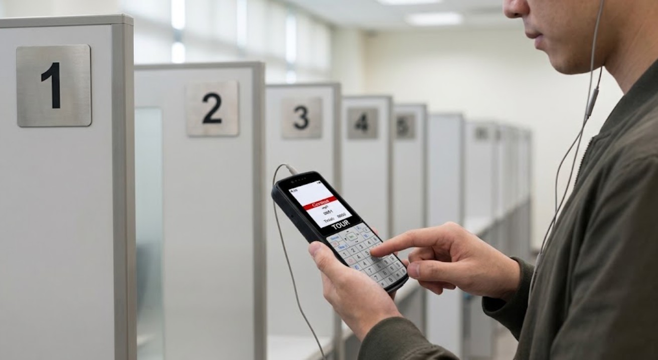 Visitor keying a station number on the 2.8-inch keypad audio guide at the numbered assessment stations Visitor keying a station number on the 2.8-inch keypad audio guide at the numbered assessment stations