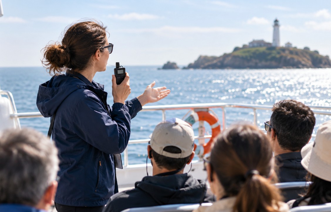 Guide on the open deck of a coastal ferry briefing passengers through a UHF tour guide transmitter