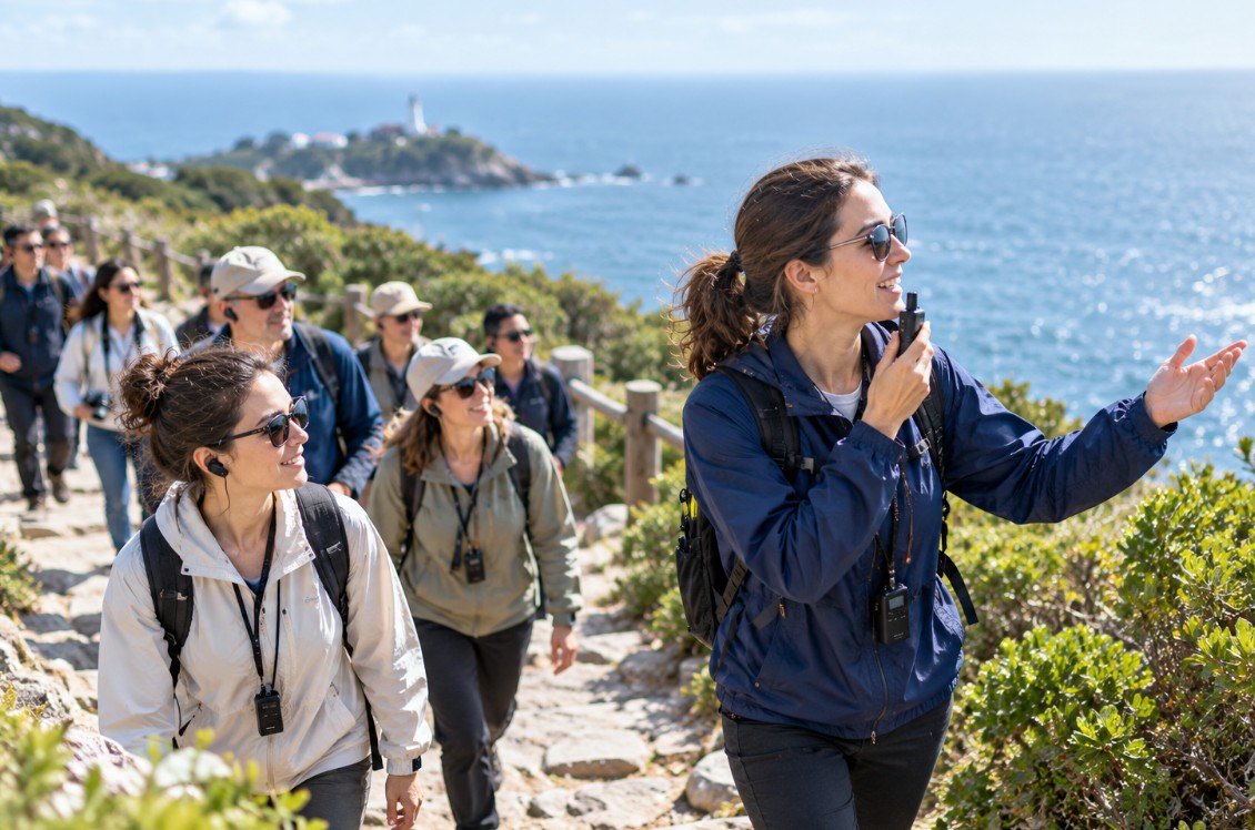 Walking guide leading visitors up an island stone path while they listen on lightweight earhook receivers