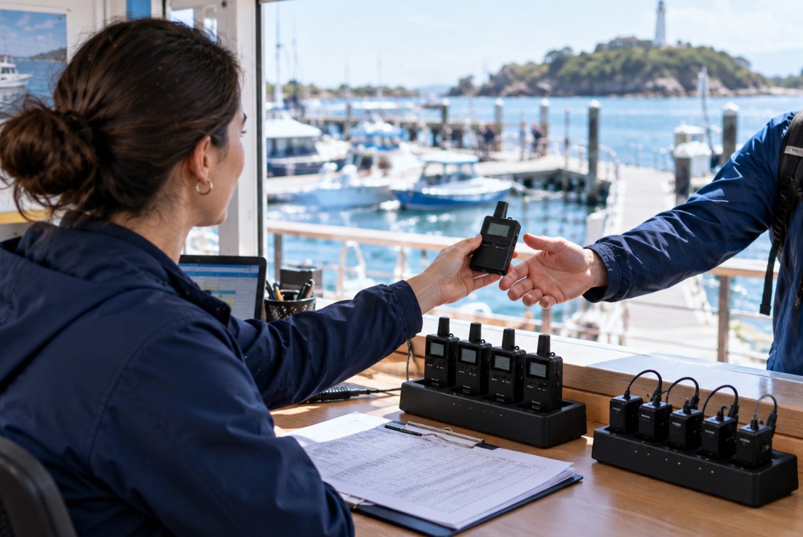 Pier dispatcher handing a channelled tour guide transmitter to a boarding guide at the ticket kiosk