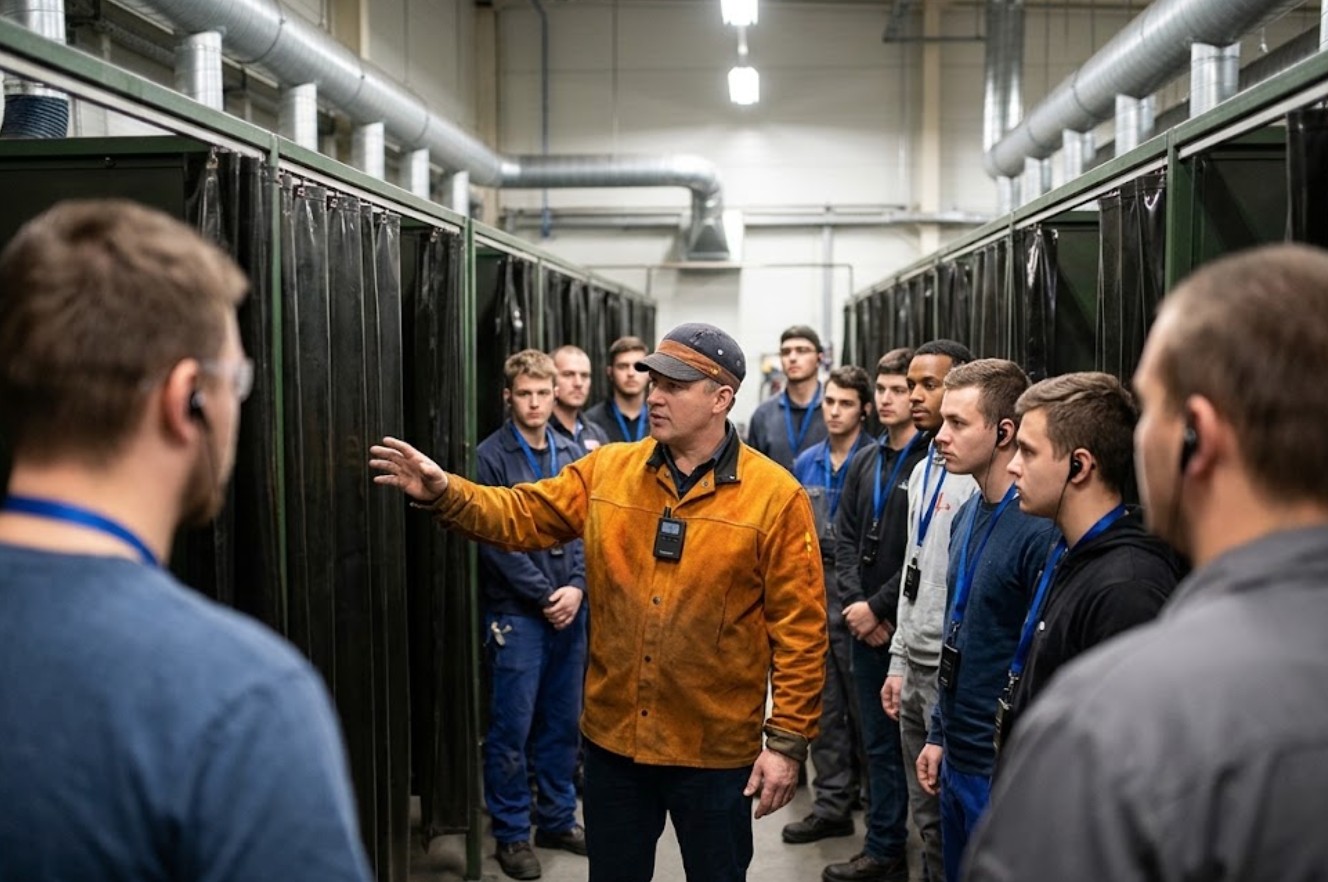 Instructor with a clipped-on RC2406 transmitter briefing trainees between the welding booths Instructor with a clipped-on RC2406 transmitter briefing trainees between the welding booths