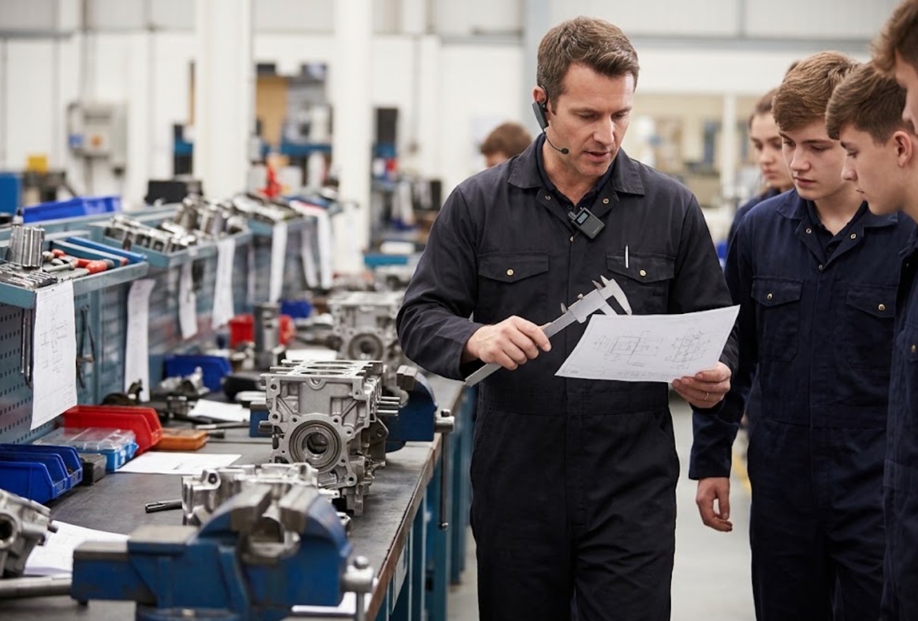 Instructor with a clipped-on RC2501 transmitter holding a drawing and caliper while walking between inspection benches Instructor with a clipped-on RC2501 transmitter holding a drawing and caliper while walking between inspection benches