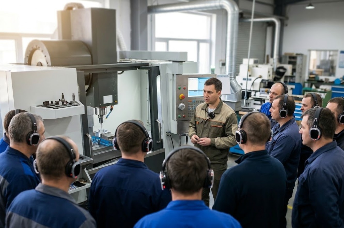 Instructor demonstrating at a running machining centre while the class listens through Silent Disco wireless headsets Instructor demonstrating at a running machining centre while the class listens through Silent Disco wireless headsets