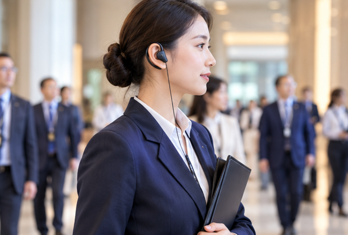 liaison officer wearing a lightweight ear-hook receiver while holding a folder in a lobby
