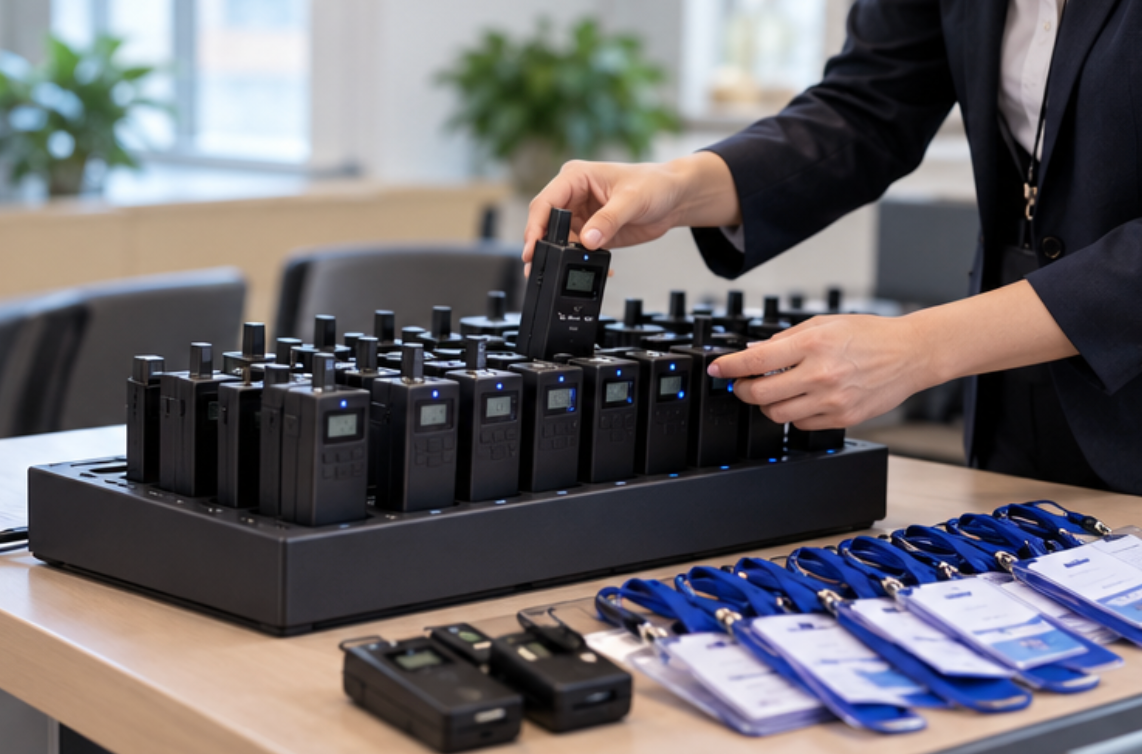 staff resetting a row of receivers on a Type-C charging dock beside visitor badges