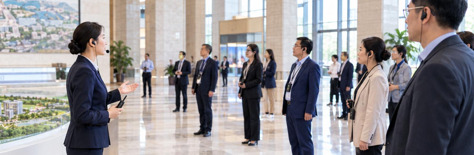 docent addressing a dispersed official delegation across a government reception hall