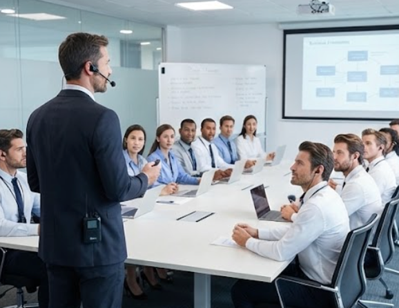 Trainer wearing the RC2401 headset microphone addresses an onboarding cohort at a conference table