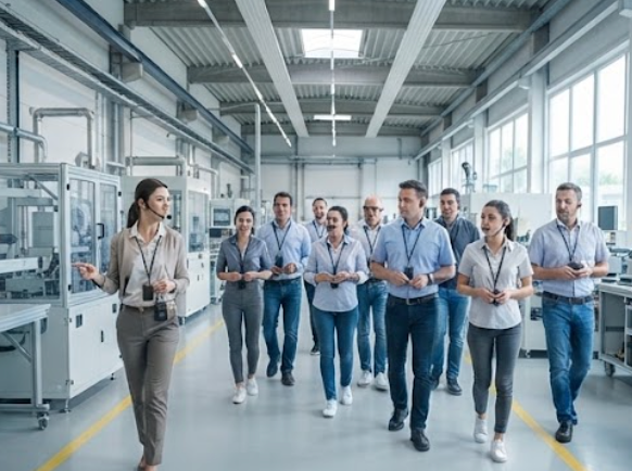 Trainer leading a production floor walk-through with the RC2402 while trainees wear receivers