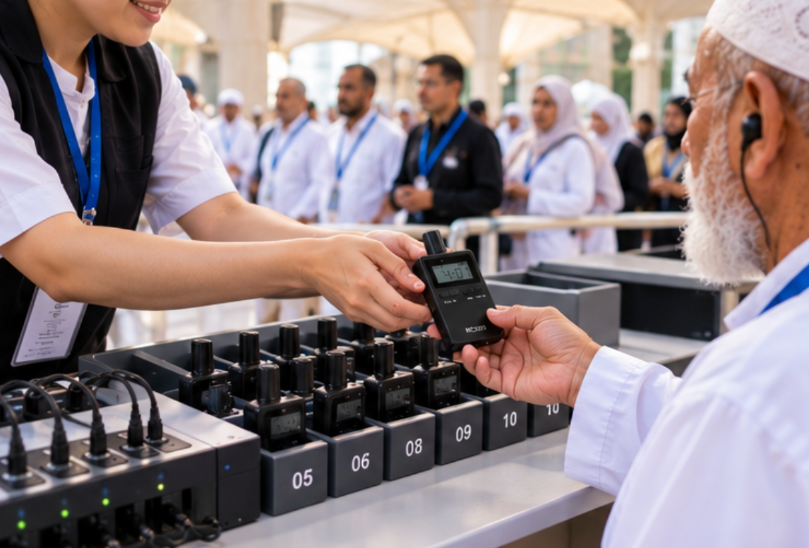 rc2406-hajj_umrah_audio_guide_kits-receiver-desk Staff member handing a lightweight receiver to an elderly pilgrim at a numbered handout desk
