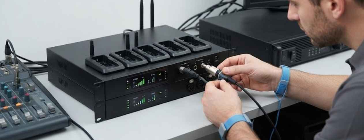 Technician docking RC2500 units in a multi-bay charging rack beside an audio mixer